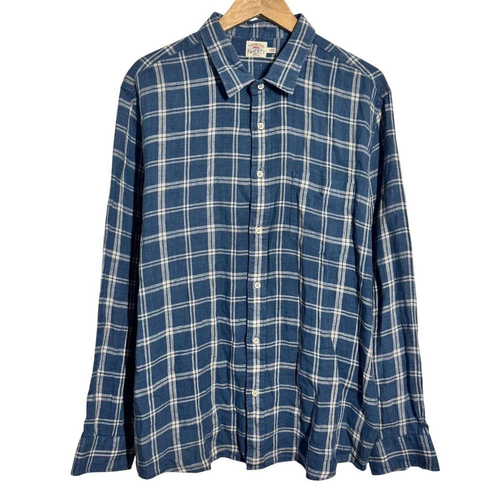 Faherty Brand Mens XXL Blue White Plaid 100% Linen Button Down Shirt MWU2102